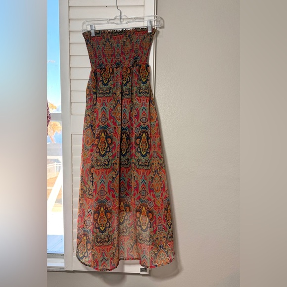 Women’s Strapless Dress Size M Long Maxi Boho Smocked Indie Print Colorful - Picture 2 of 9